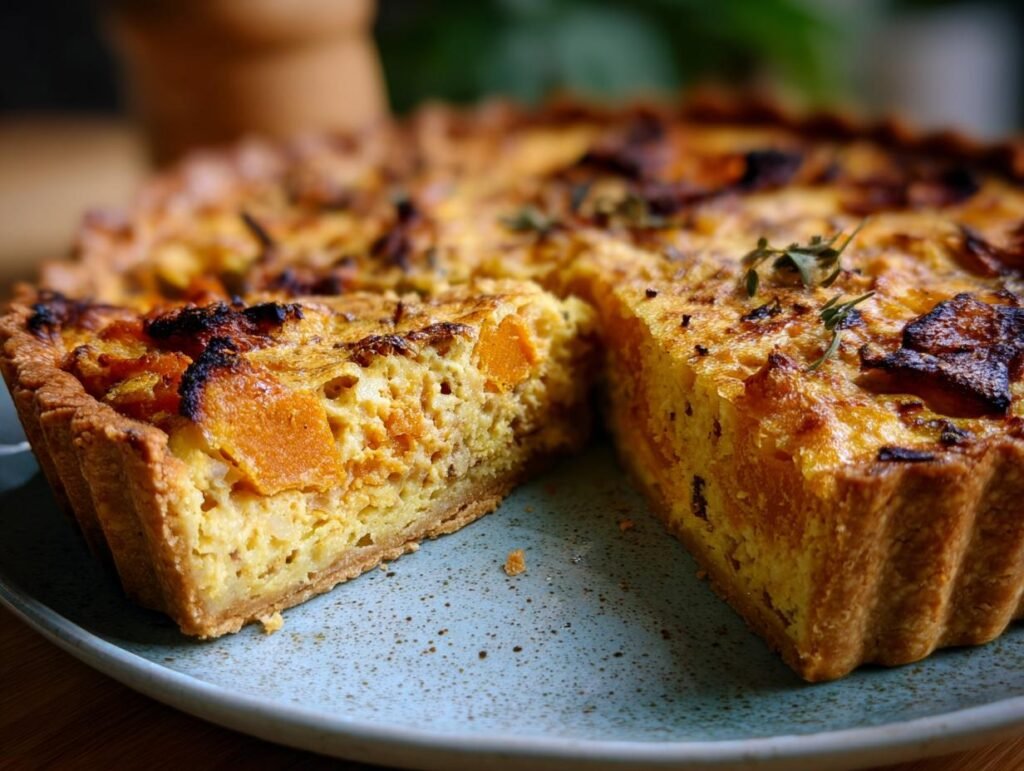 Close-up of a slice of Herzhafte Quiche mit Kürbis und Zwiebeln, showing pumpkin and onion filling.