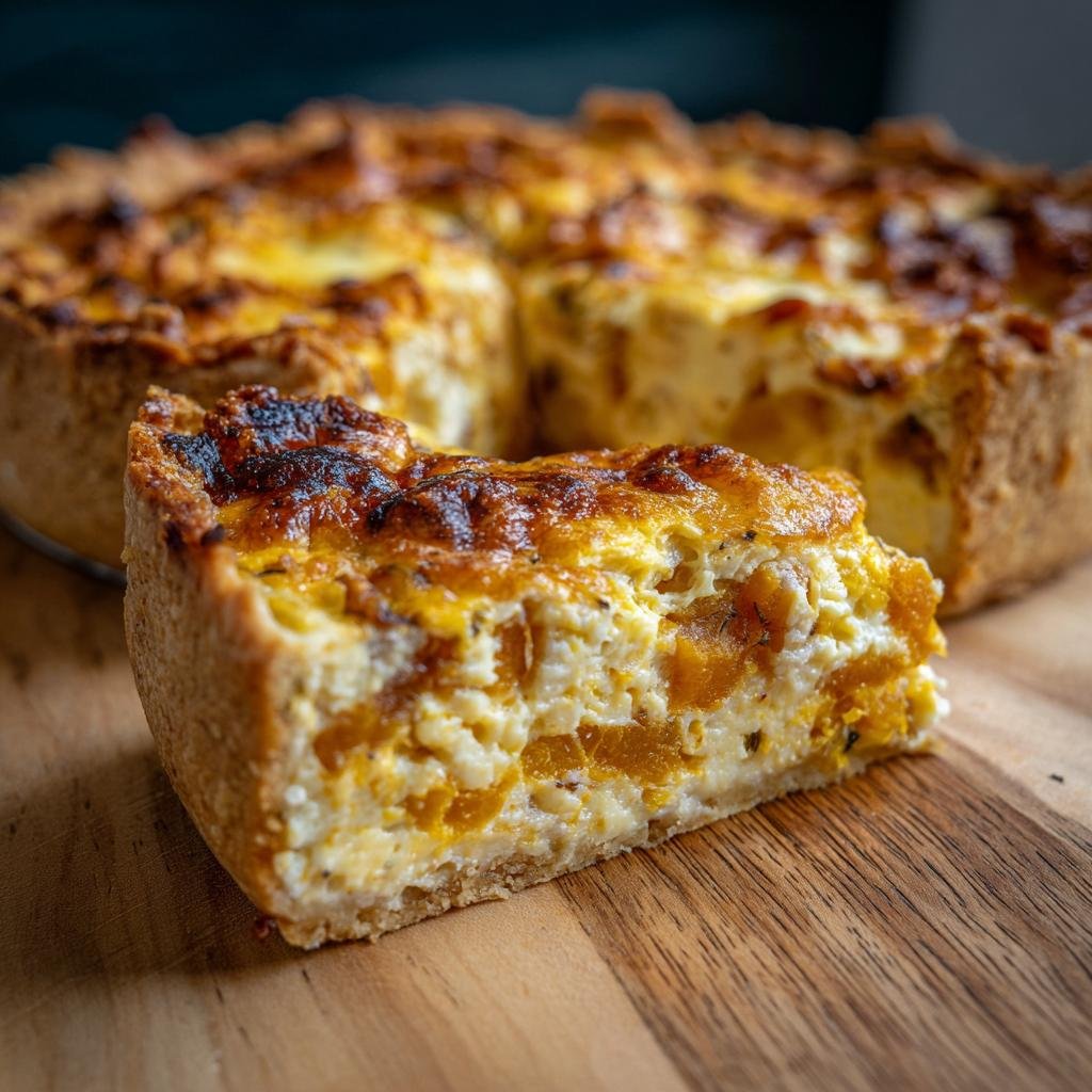 A slice of Herzhafte Quiche mit Kürbis und Zwiebeln, showcasing the pumpkin and onion filling.