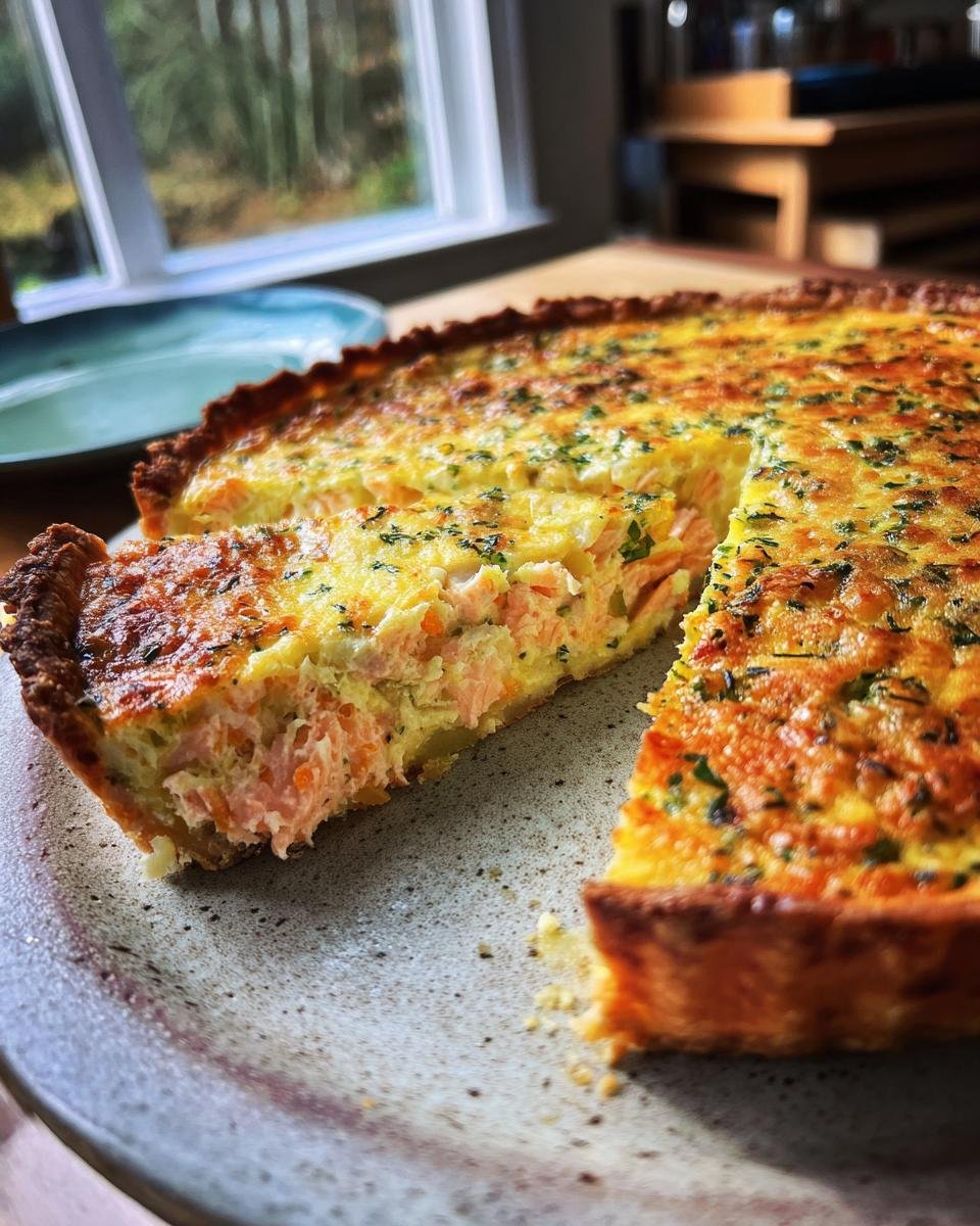 Slice of Herzhafte Quiche mit Lachs & Lauch – Einfach & Lecker on a plate, showing salmon and leek filling.
