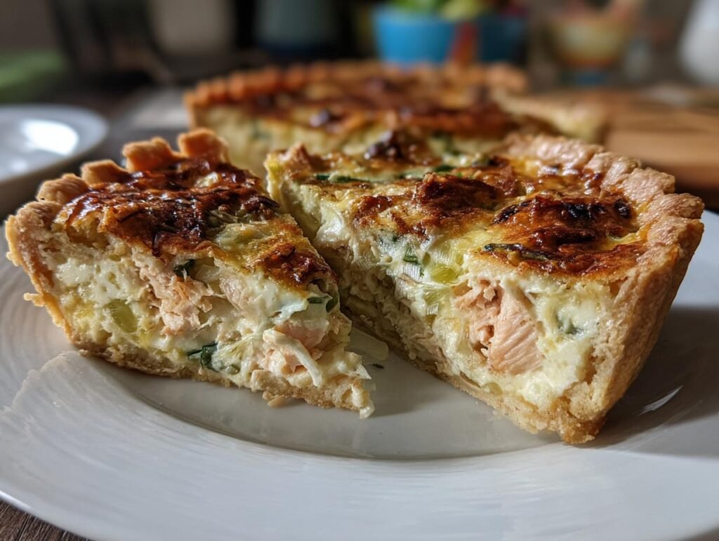 Two slices of Herzhafte Quiche mit Lachs & Lauch on a white plate, showcasing the salmon and leek filling.