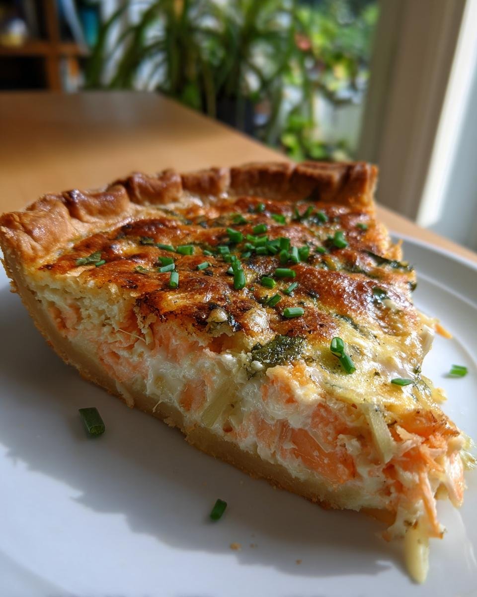 A slice of Herzhafte Quiche mit Lachs & Lauch, featuring salmon and leek, garnished with chives.