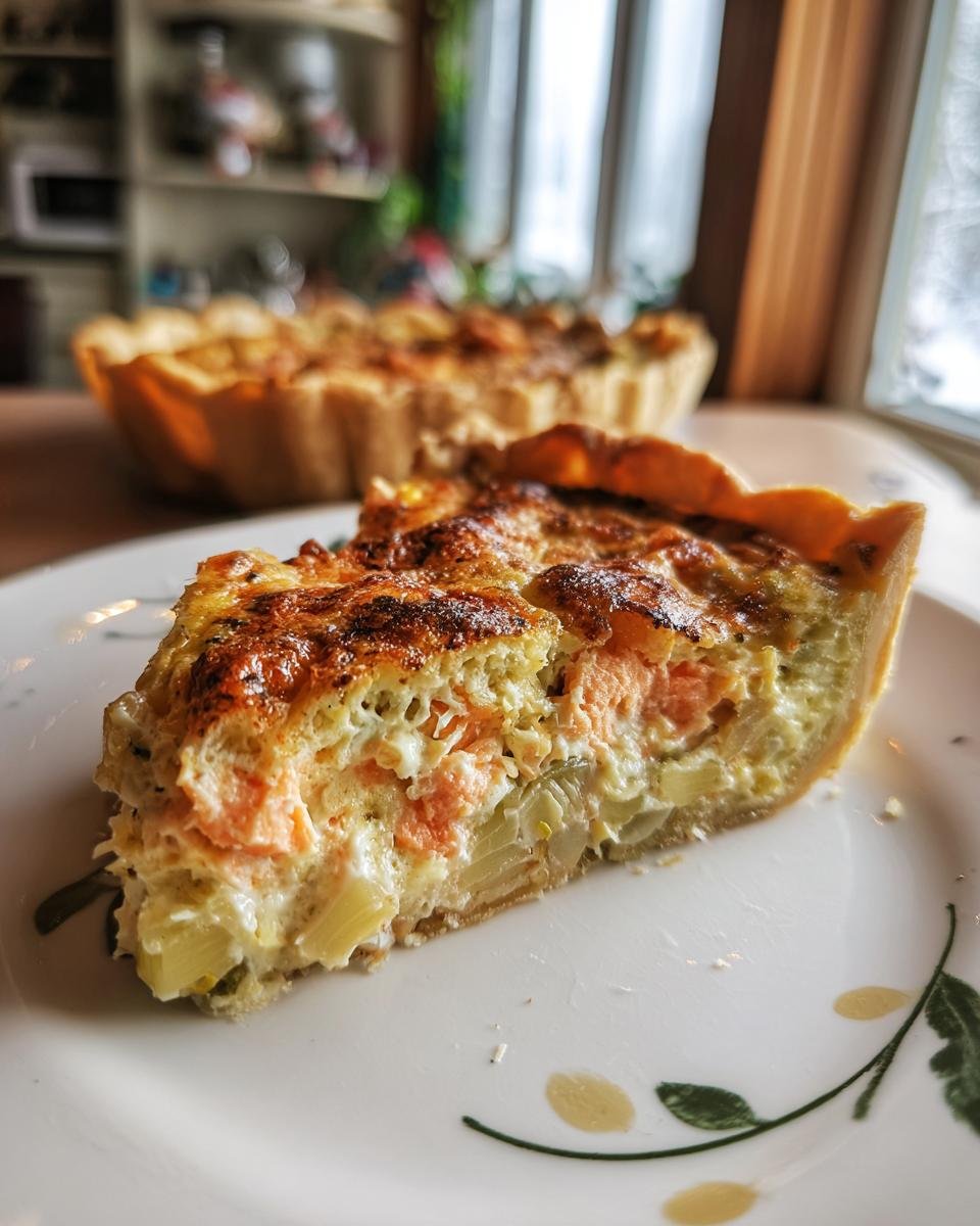 A slice of Herzhafte Quiche mit Lachs & Lauch (savory quiche with salmon and leek) on a decorative plate.