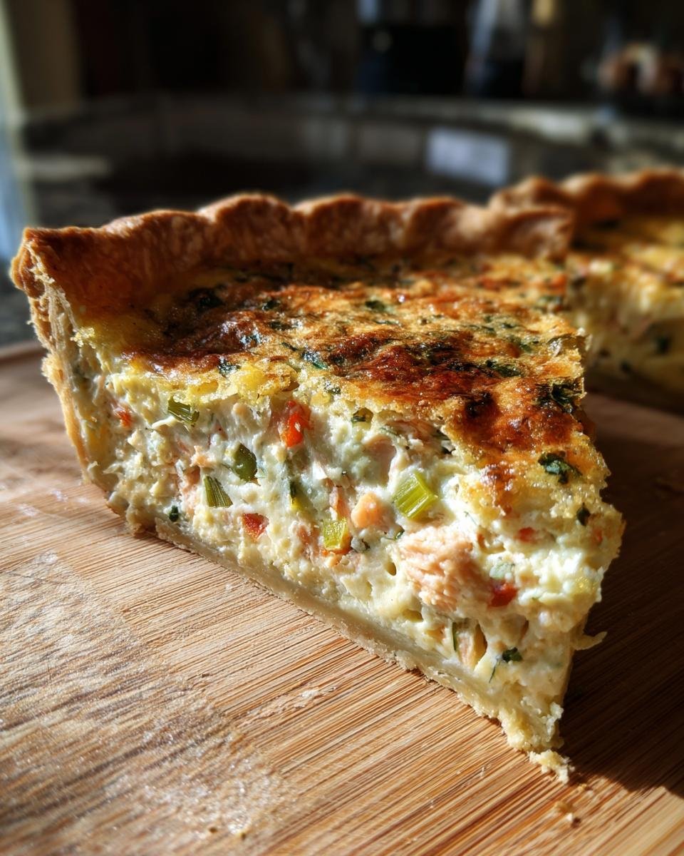 A slice of Herzhafte Quiche mit Lachs & Lauch (savory quiche with salmon and leek) on a wooden board.