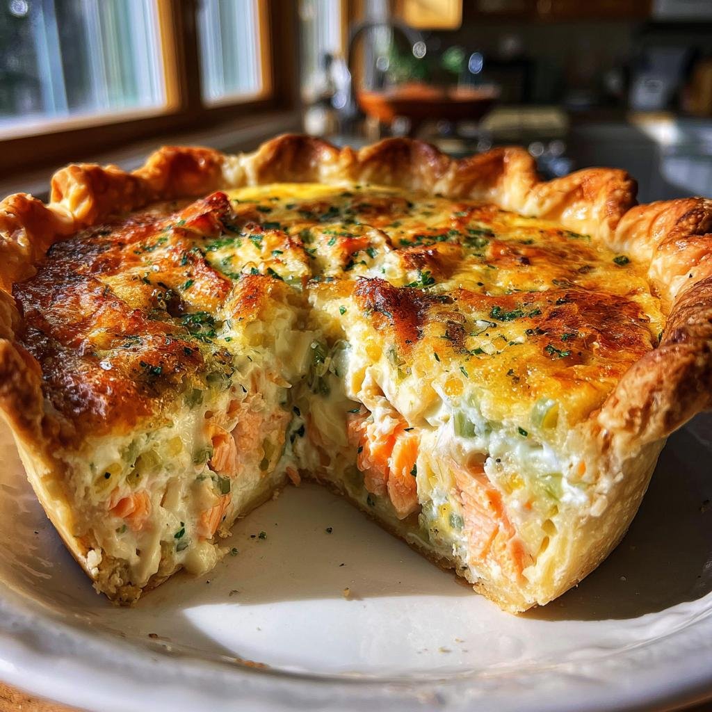 A delicious Herzhafte Quiche mit Lachs & Lauch (savory quiche with salmon and leek) with a slice cut out.
