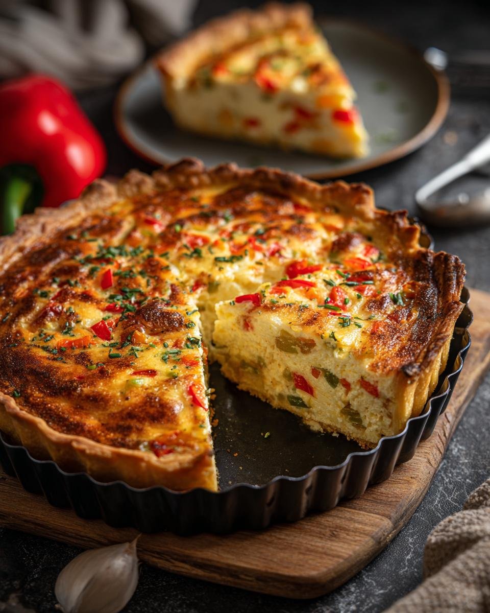 Delicious Herzhafte Quiche mit Paprika und Schafskäse (savory quiche with peppers and feta cheese), ready to serve.