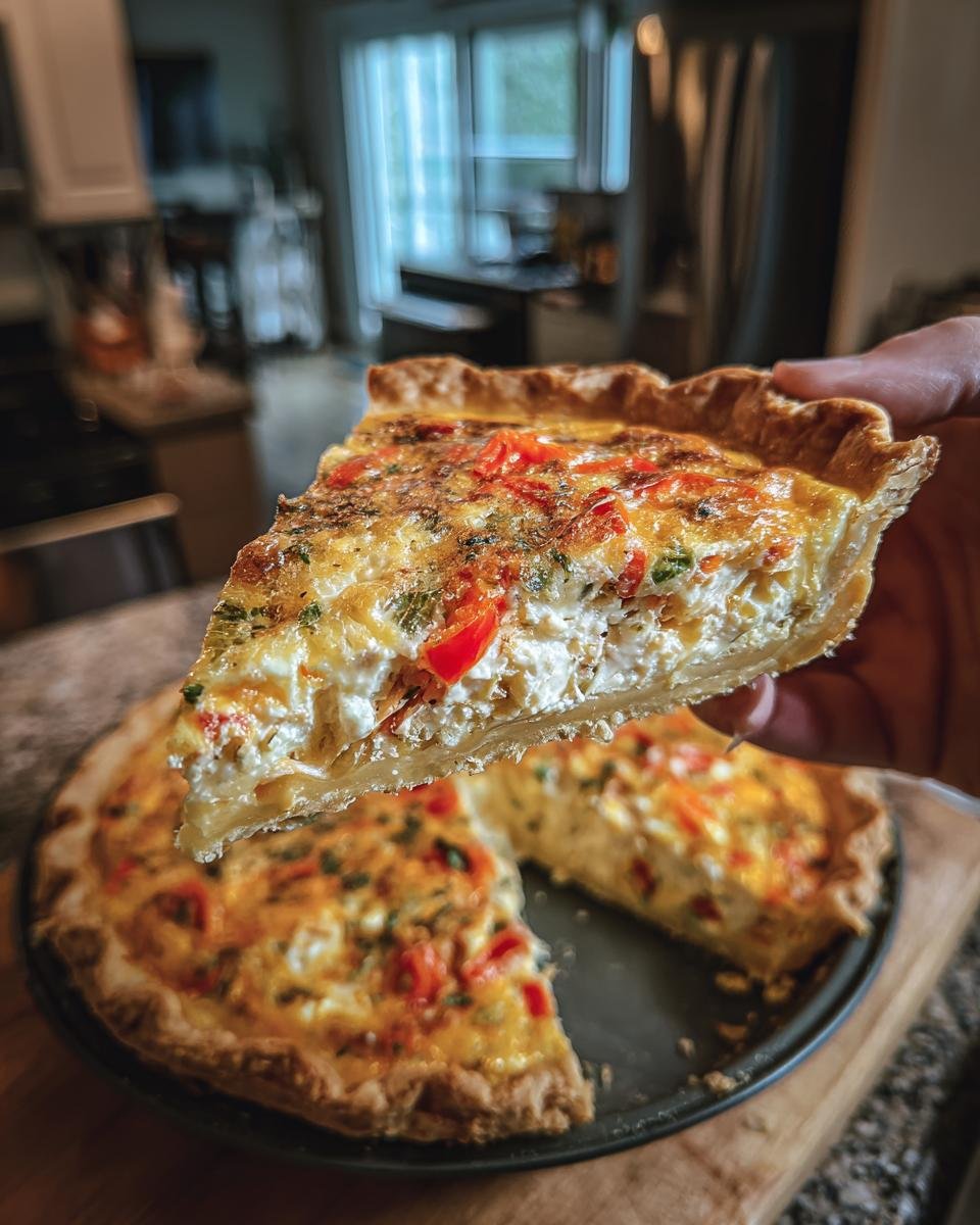 A slice of Herzhafte Quiche mit Paprika und Schafskäse, showcasing the peppers and feta cheese filling.