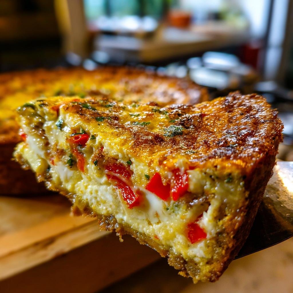 A slice of Herzhafte Quiche mit Paprika und Schafskäse being served, showcasing the pepper and feta filling.