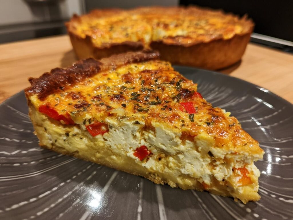 A slice of herzhafte Quiche mit Paprika und Schafskäse, featuring peppers and feta cheese.