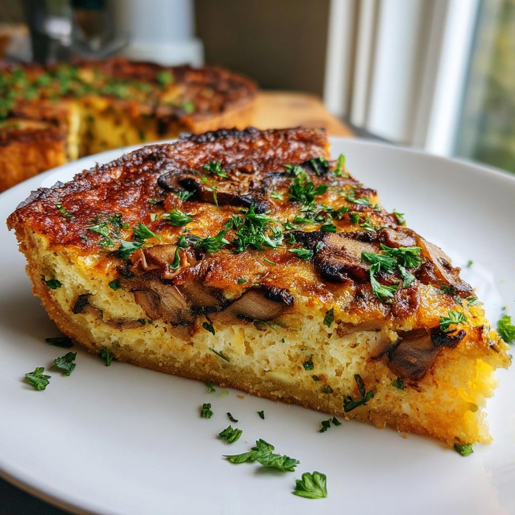 A slice of Herzhafte Quiche mit Pilzen und Petersilie, showcasing mushrooms and parsley on a white plate.