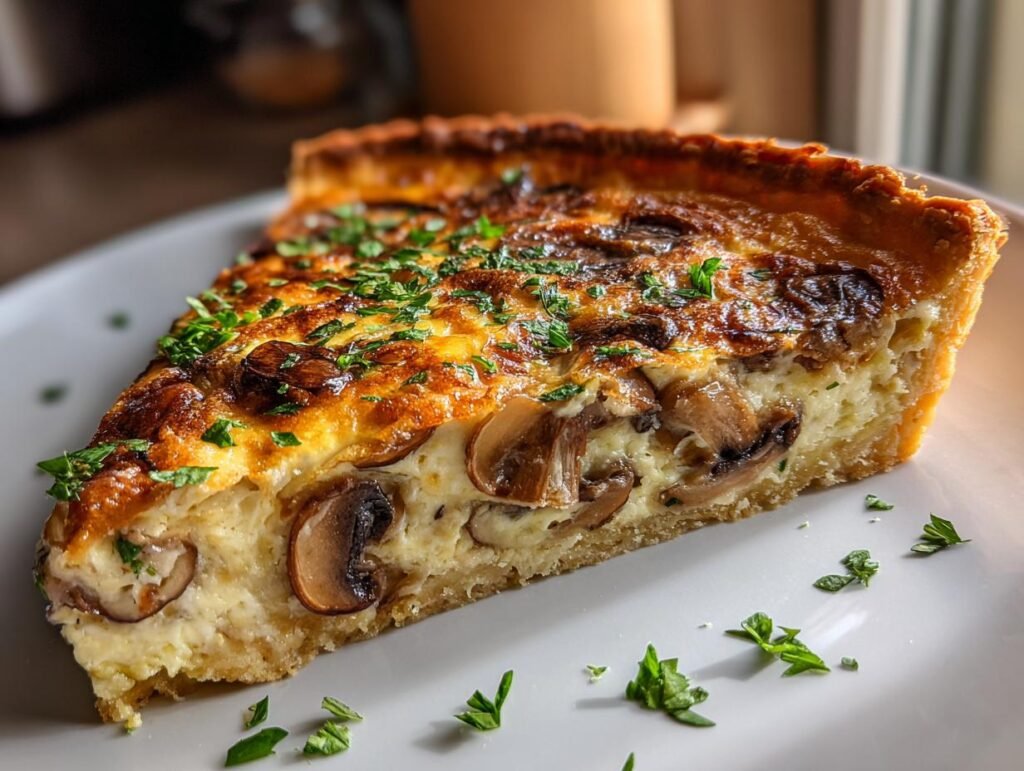 A slice of Herzhafte Quiche mit Pilzen und Petersilie, showcasing mushrooms and parsley.