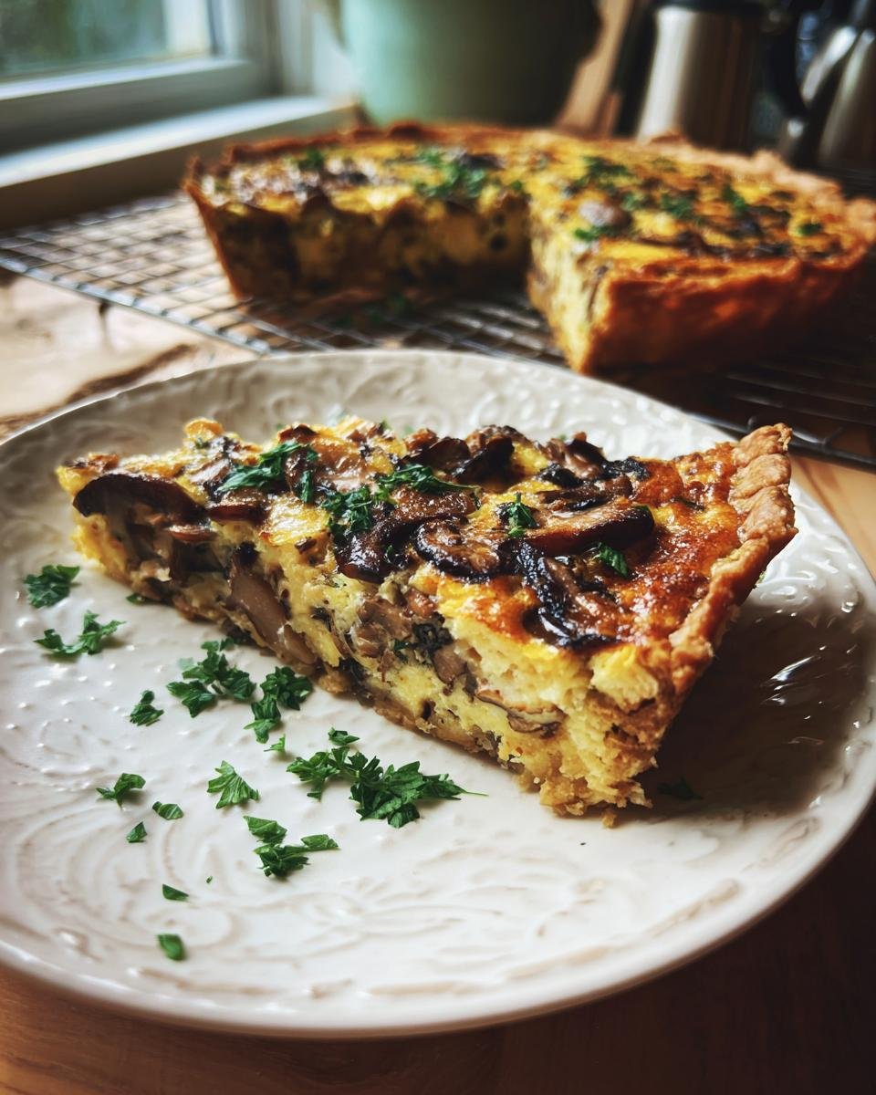 A slice of Herzhafte Quiche mit Pilzen und Petersilie, garnished with fresh parsley, on a plate.