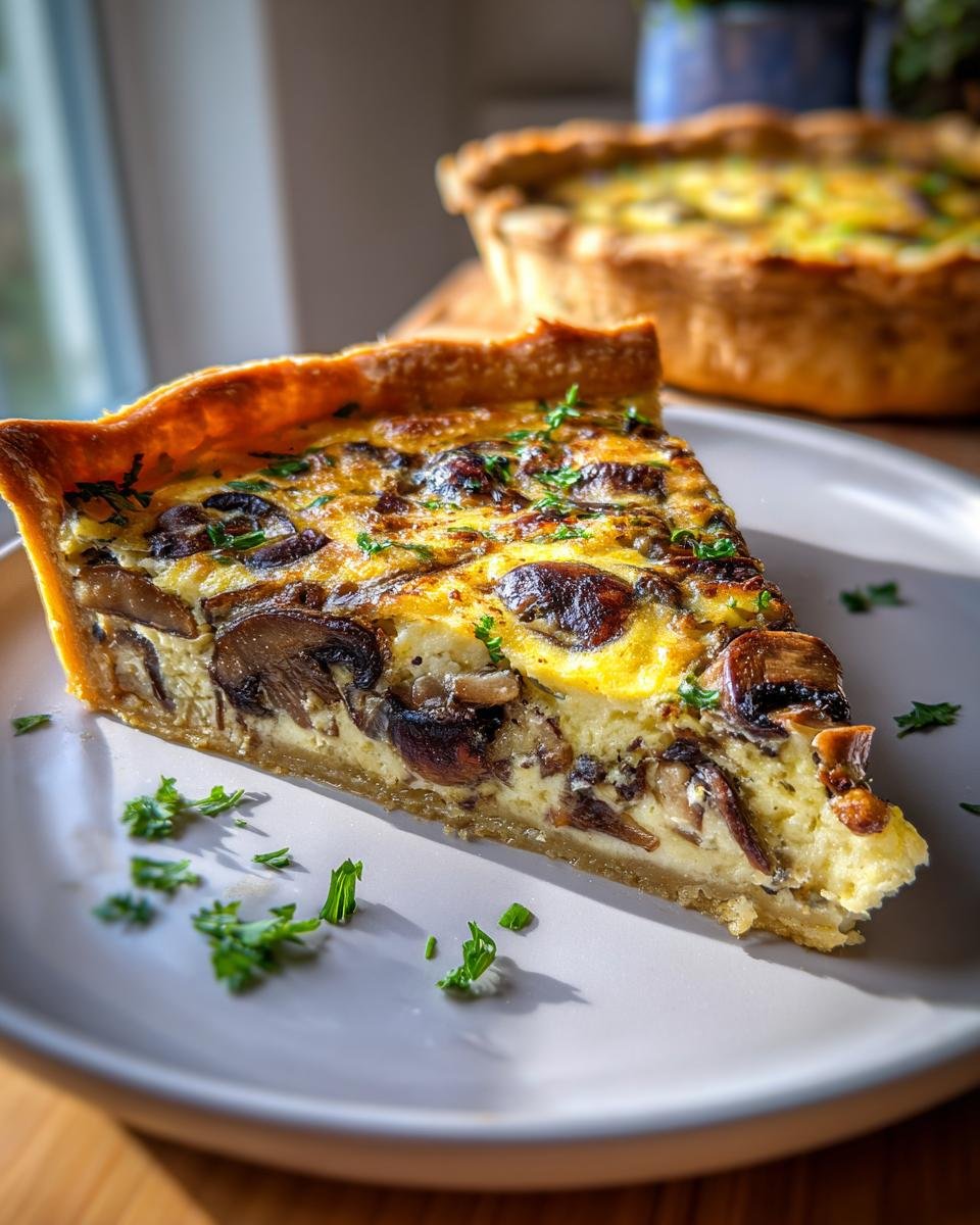 A slice of Herzhafte Quiche mit Pilzen und Petersilie on a plate, garnished with fresh parsley.