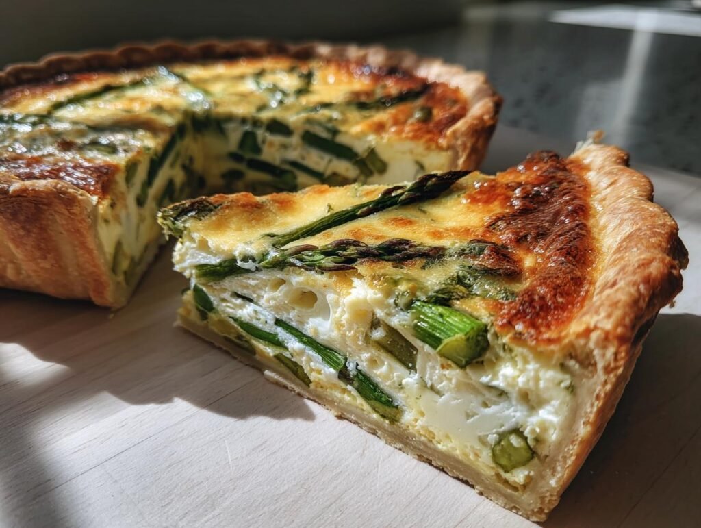 Close-up of a slice of Herzhafte Quiche mit Spargel und Parmesan, showcasing the asparagus and cheesy filling.