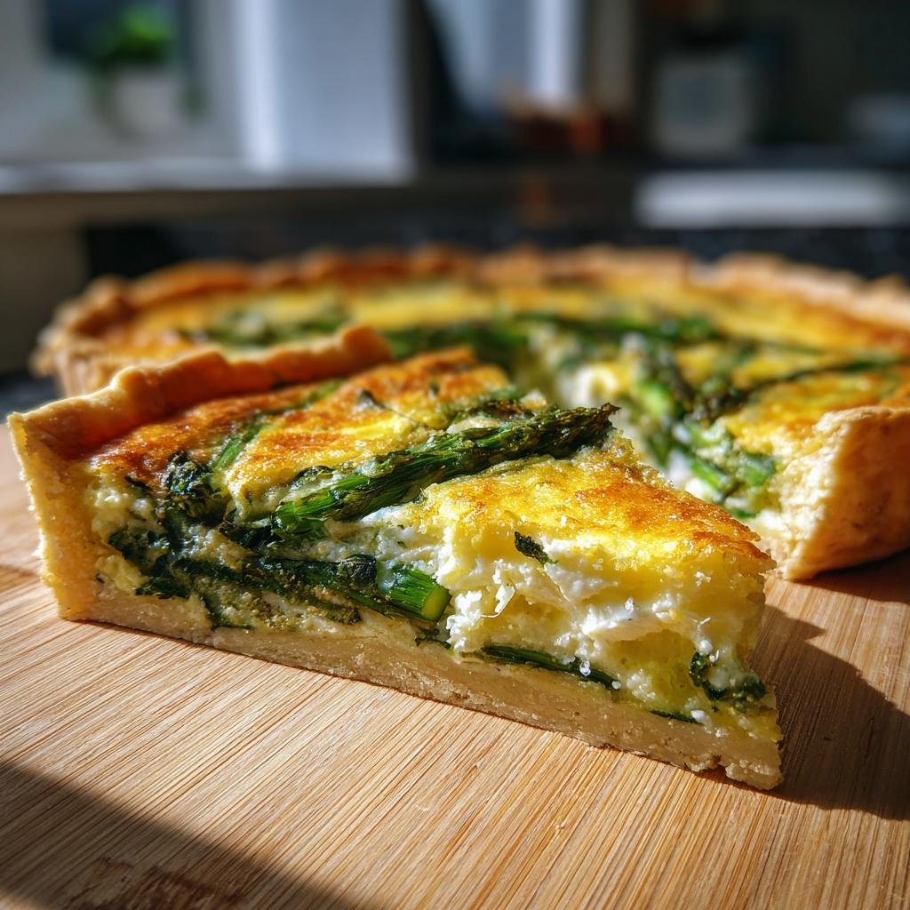 A slice of Herzhafte Quiche mit Spargel und Parmesan, showcasing asparagus and parmesan filling.