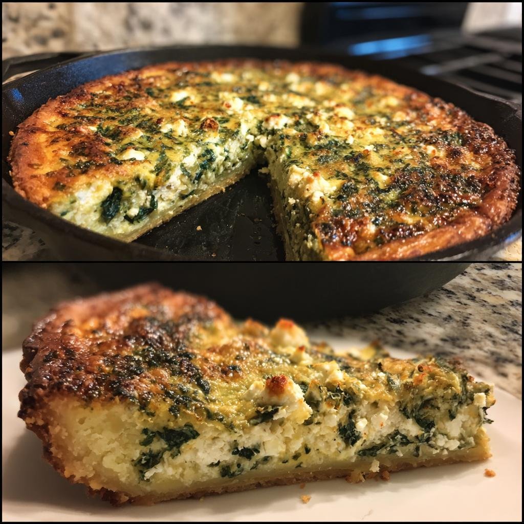 Herzhafte Quiche mit Spinat und Feta, frisch gebacken in einer gusseisernen Pfanne. Ein Stück ist herausgeschnitten.