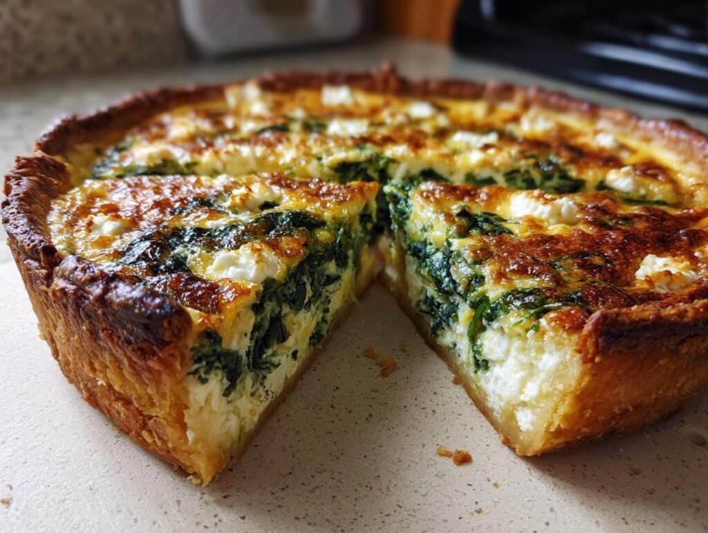 A delicious Herzhafte Quiche mit Spinat und Feta with a slice cut out, showing the spinach and feta filling.