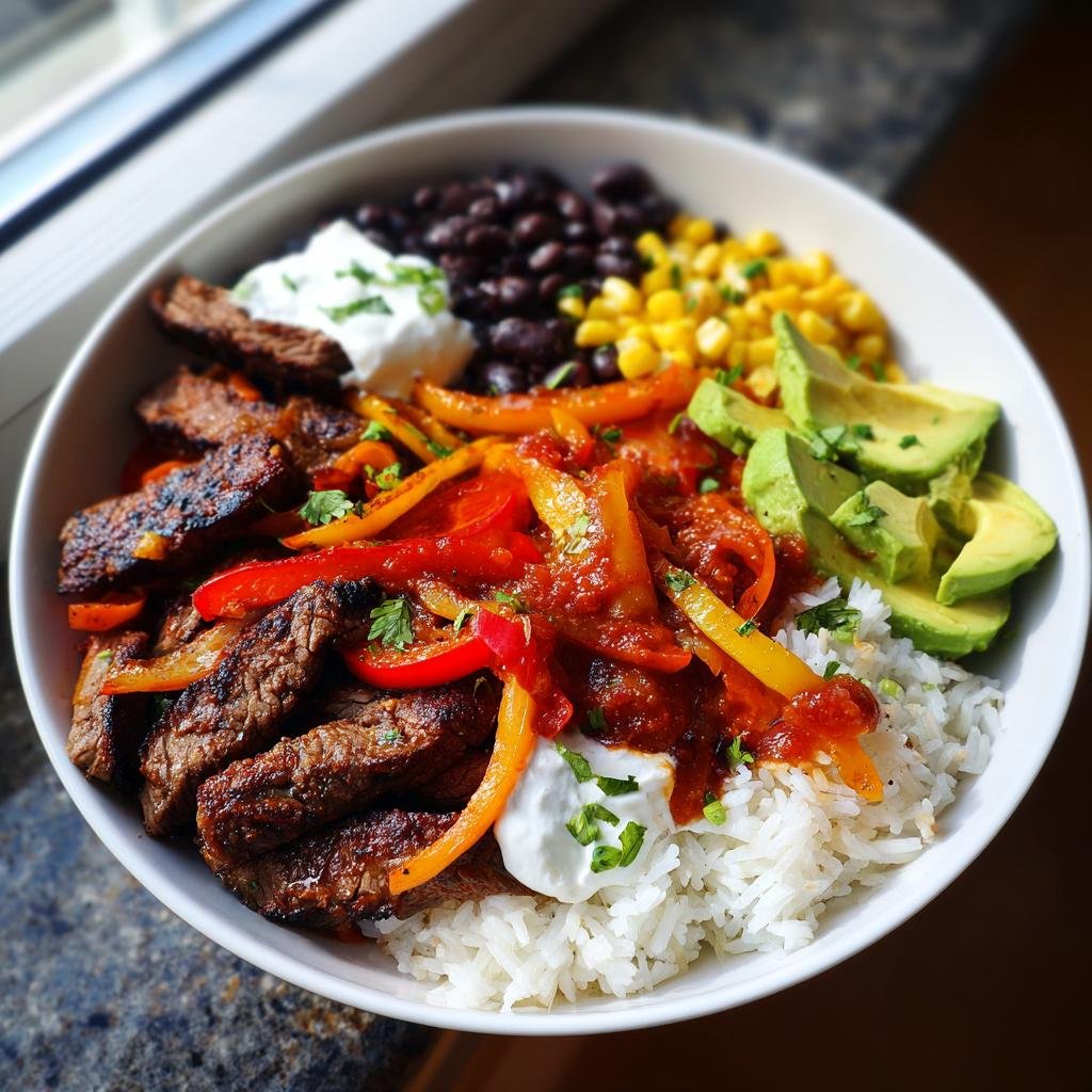 Overhead view of a High-Protein Steak Fajita Bowl with rice, steak, peppers, corn, beans, avocado, and sour cream.