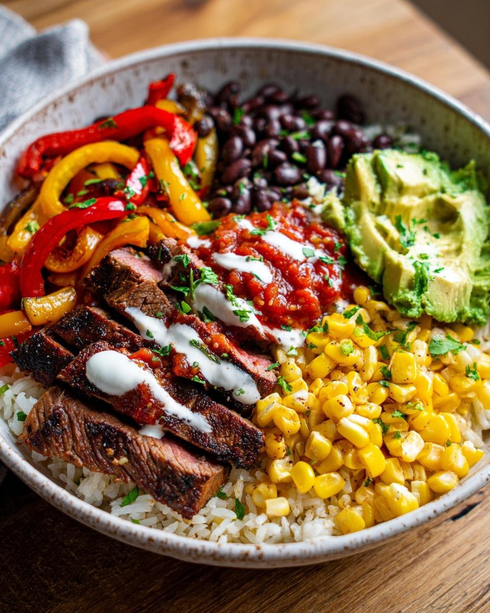 Close-up of a High-Protein Steak Fajita Bowl with steak, rice, peppers, corn, beans, avocado, salsa, and sour cream.