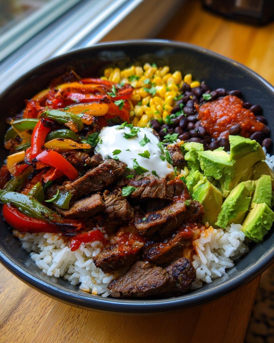 A vibrant High-Protein Steak Fajita Bowl with steak, rice, avocado, corn, and black beans.