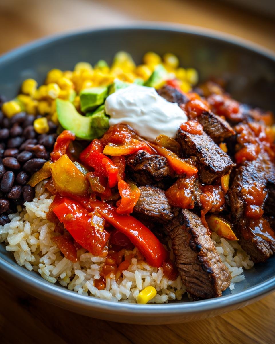 Close-up of a High-Protein Steak Fajita Bowl with rice, steak, peppers, corn, beans, avocado, and sour cream.
