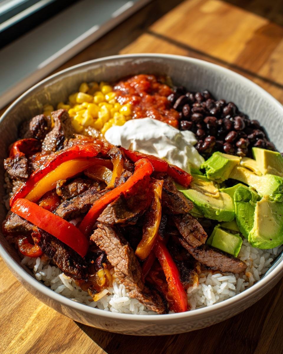 Nahaufnahme eines High-Protein Steak Fajita Bowl mit Reis, Paprika, Avocado, Mais und schwarzen Bohnen.