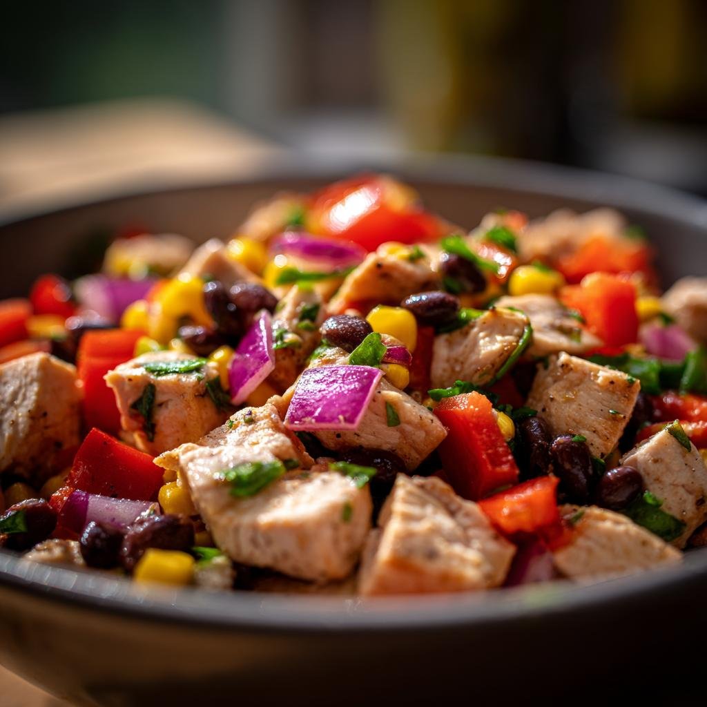Close-up of High-Protein Südwest-Hähnchensalat with chicken, corn, beans, peppers, and red onion.