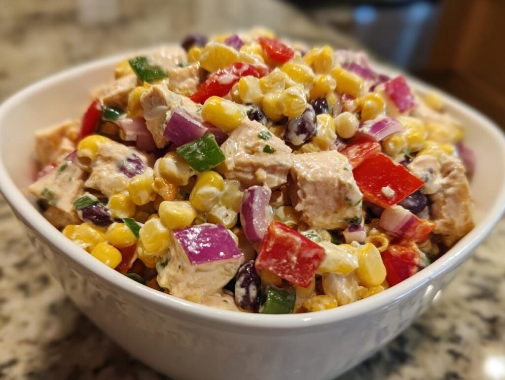 Schüssel mit High-Protein Südwest-Hähnchensalat mit Hähnchen, Mais, Bohnen und Gemüse.