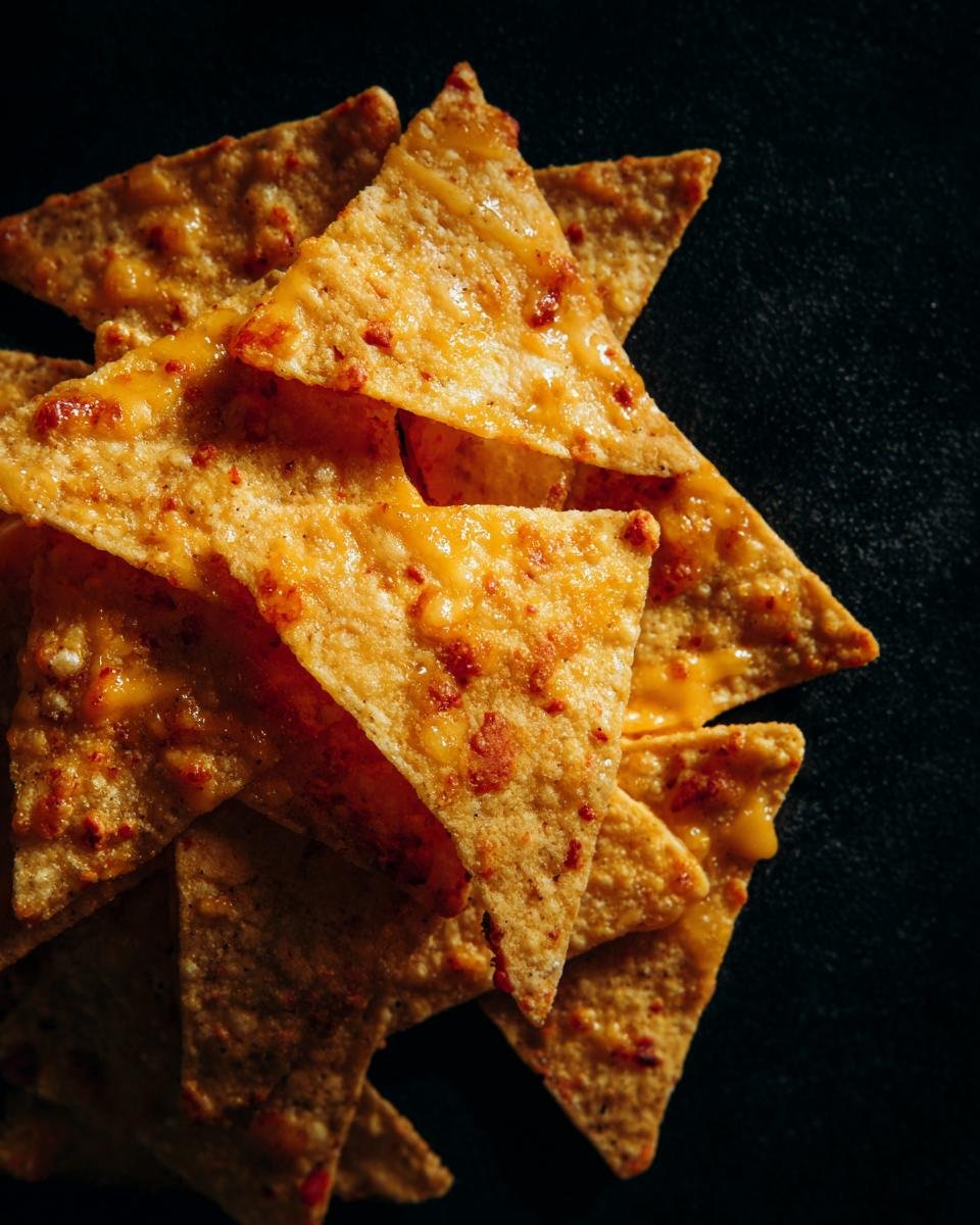 Nahaufnahme von knusprigen Käse-Chips aus Cheddar auf dunklem Hintergrund.