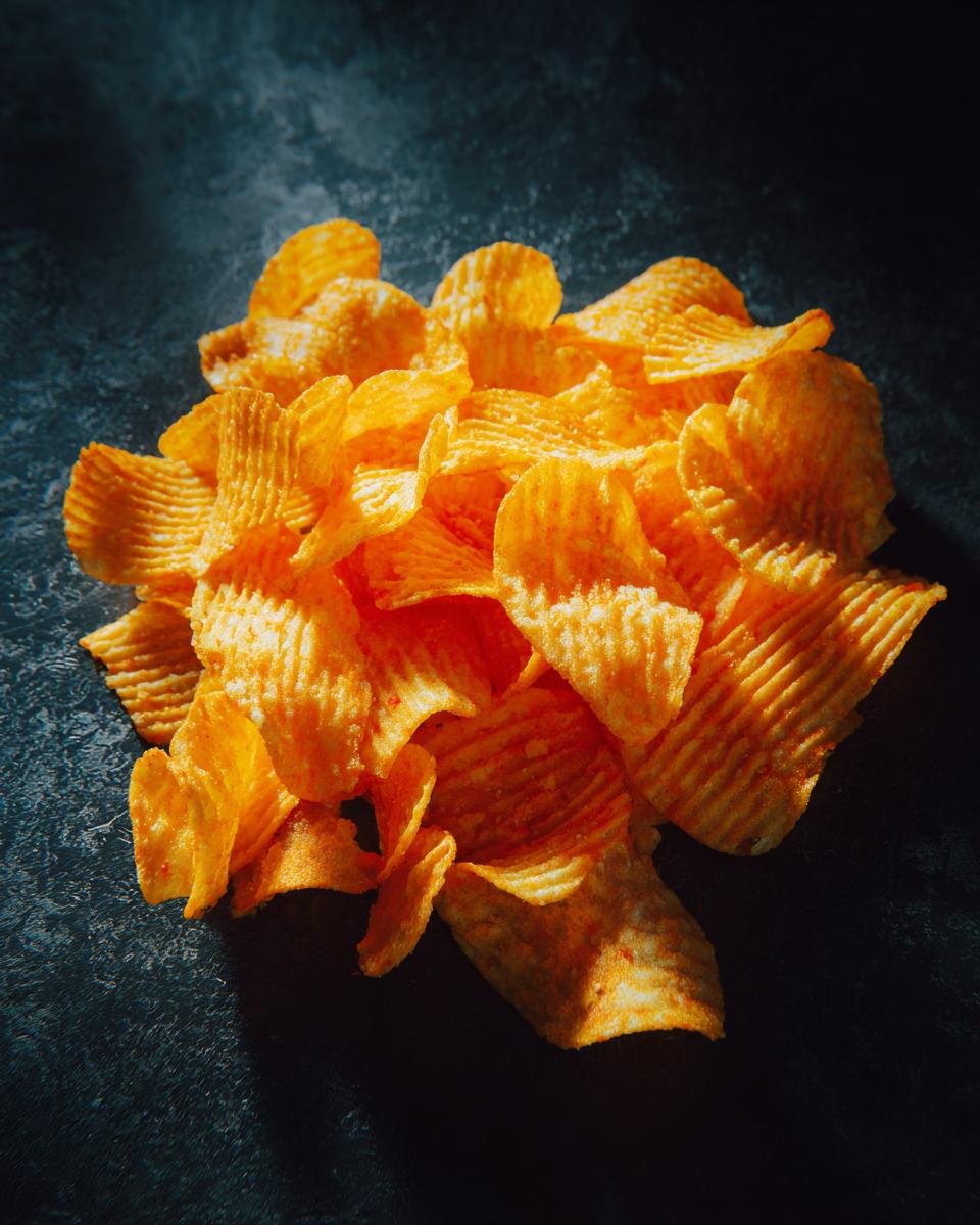 Nahaufnahme von einem Haufen knuspriger, selbstgemachter Käse-Chips aus Cheddar auf dunklem Hintergrund.