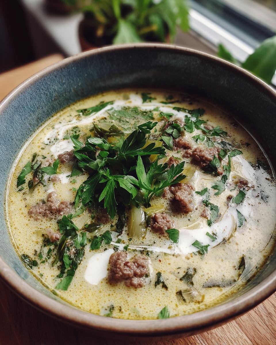 Close-up of Herzhafte Käse-Lauch-Suppe mit Hackfleisch, garnished with parsley and cream, in a blue bowl.