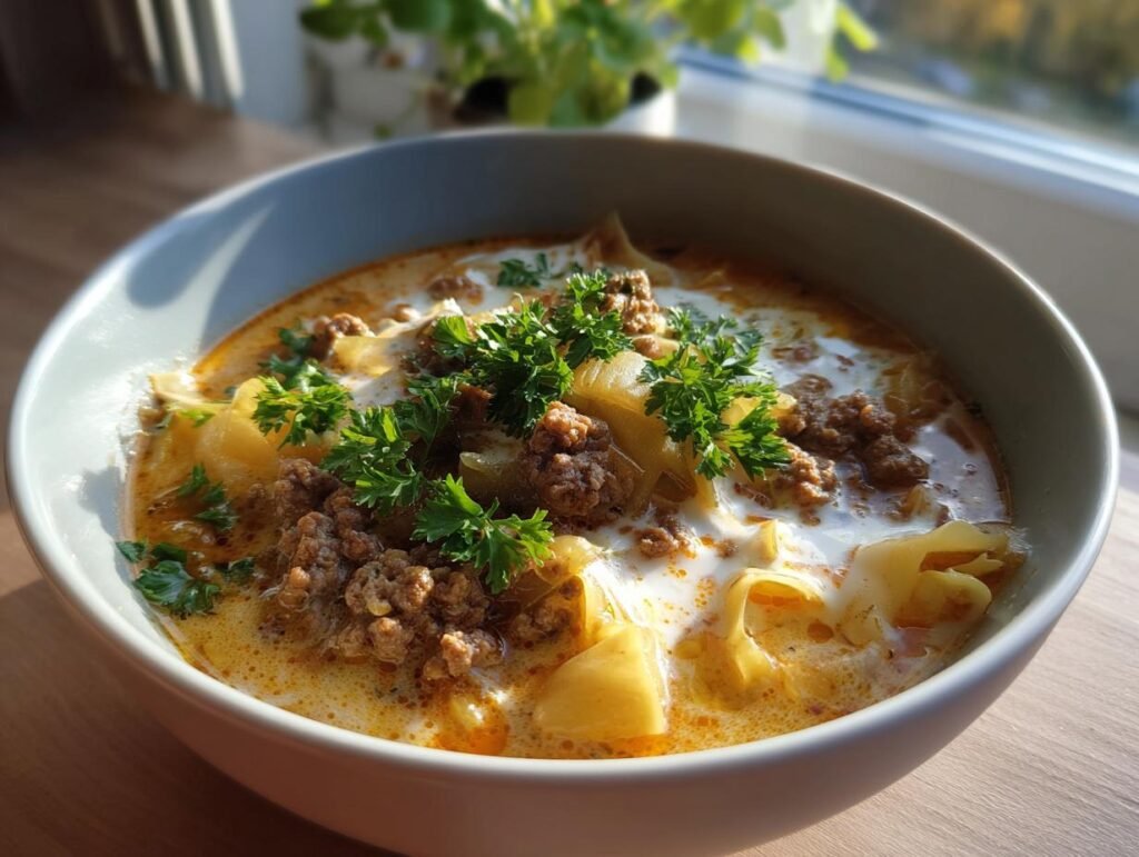 Nahaufnahme einer Schüssel herzhafte Käse-Lauch-Suppe mit Hackfleisch, garniert mit Petersilie.