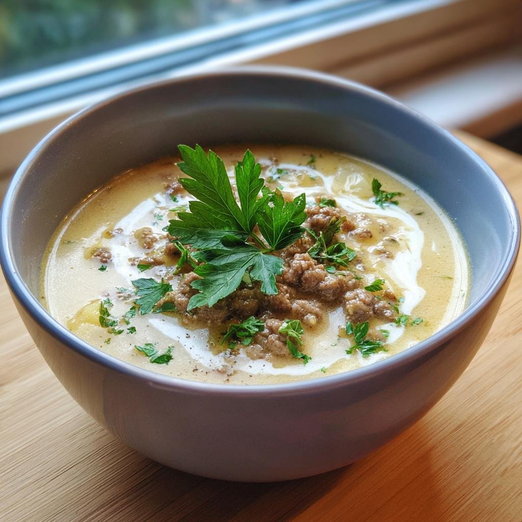 Bowl of Käse-Lauch-Suppe mit Hackfleisch, garnished with parsley. Creamy cheese and leek soup with ground meat.