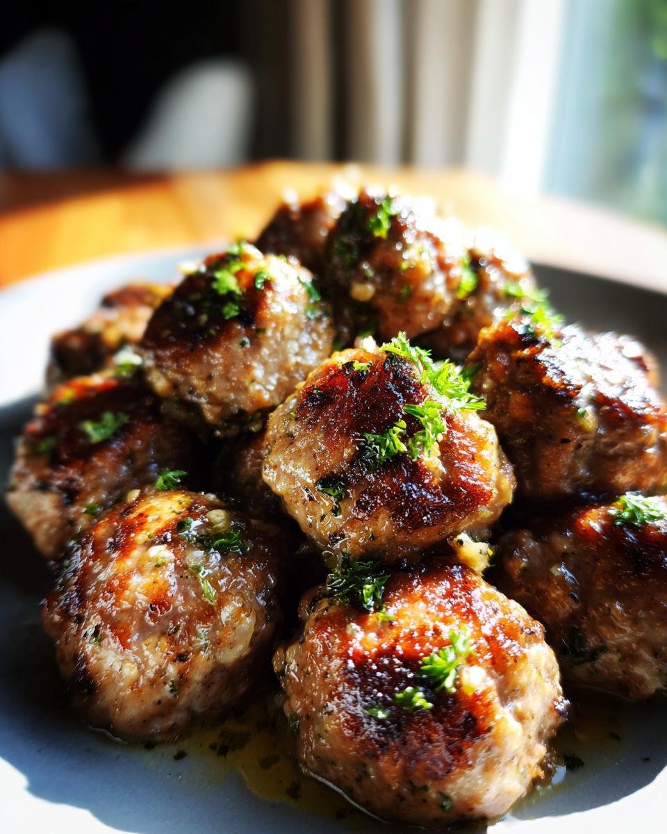 Close-up of Keto Knoblauchbutter-Fleischbällchen, glistening with garlic butter and garnished with fresh herbs.
