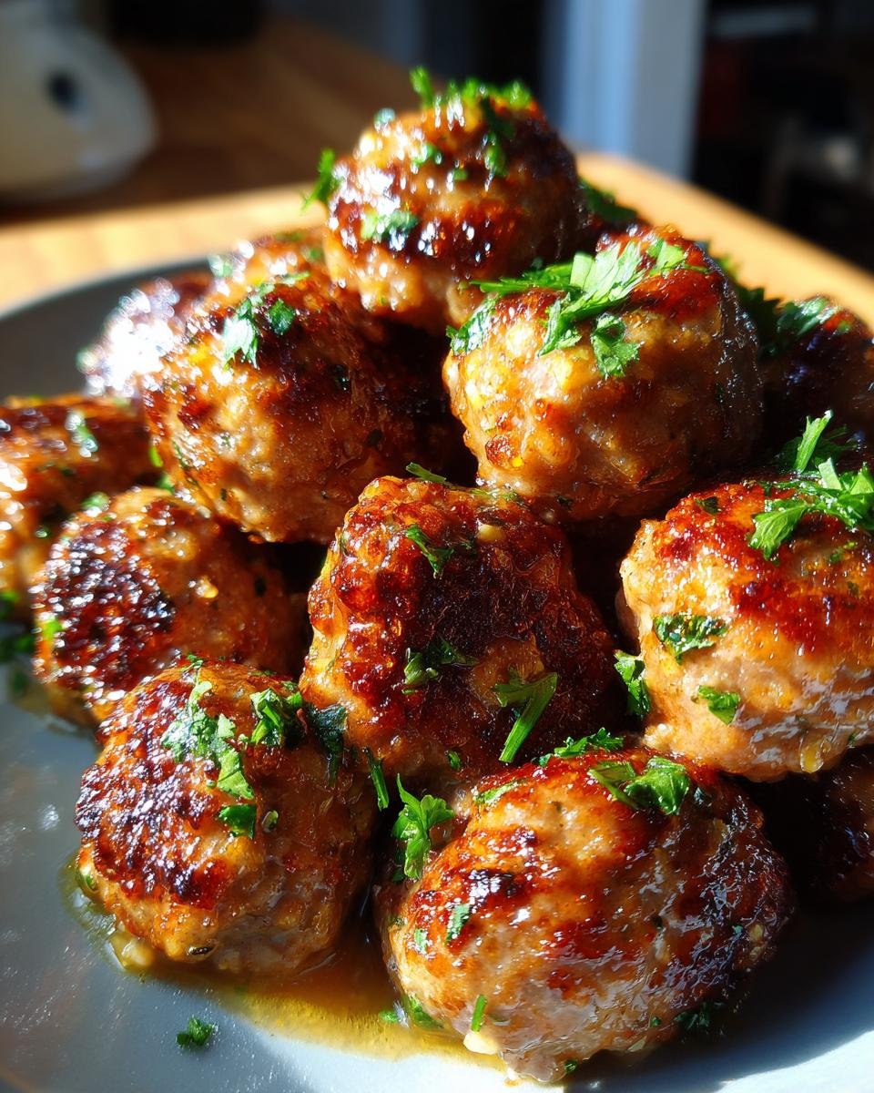 Close-up of Keto Knoblauchbutter-Fleischbällchen (garlic butter meatballs) garnished with parsley.
