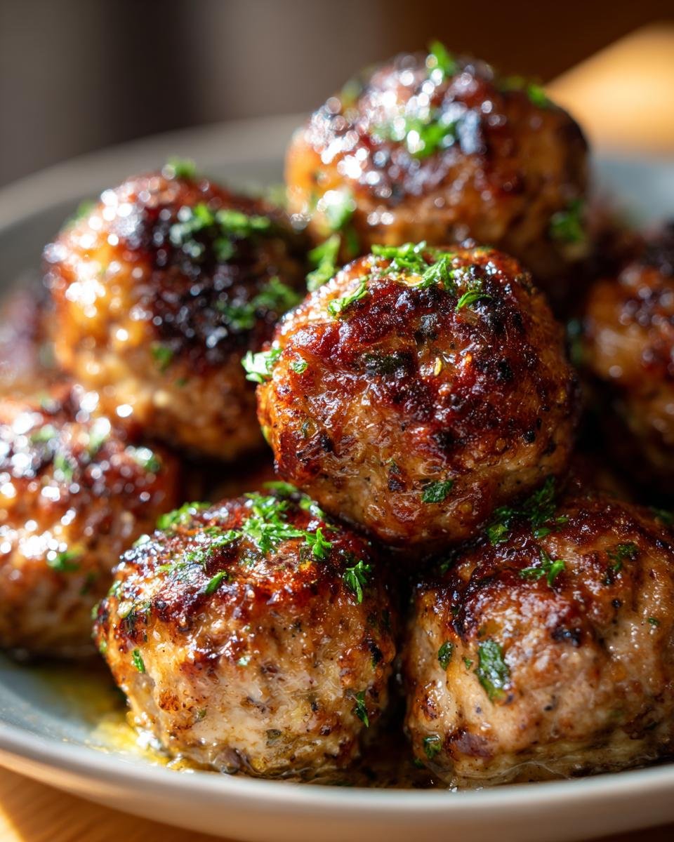 Close-up of Keto Knoblauchbutter-Fleischbällchen (garlic butter meatballs) garnished with parsley.