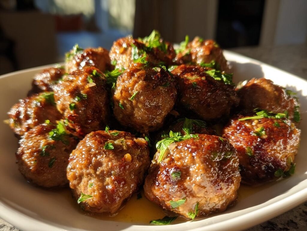 A plate of delicious Keto Knoblauchbutter-Fleischbällchen, garnished with fresh parsley.