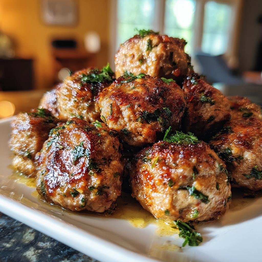 Pile of Keto Knoblauchbutter-Fleischbällchen (garlic butter meatballs) garnished with fresh herbs.