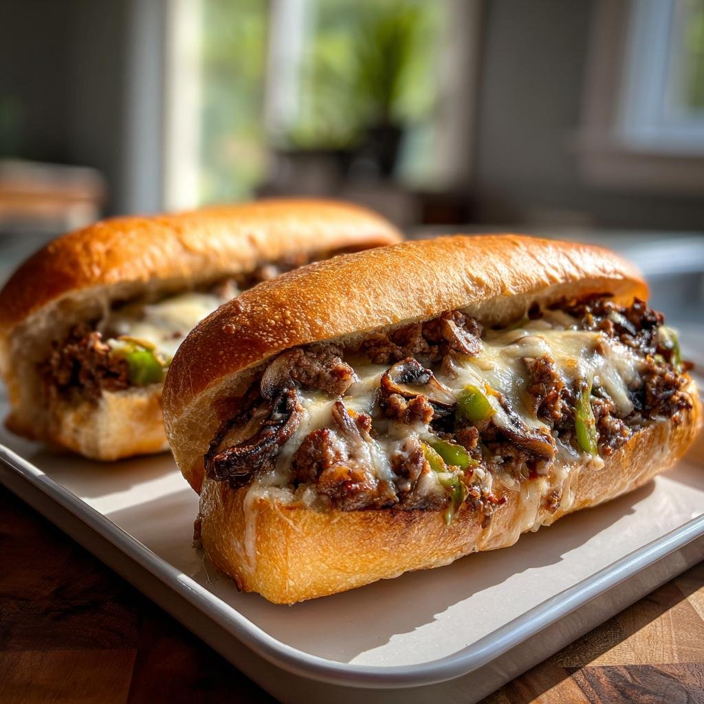 Two Keto Philly Cheesesteak Brötchen on a tray, filled with meat, mushrooms, peppers, and melted cheese.