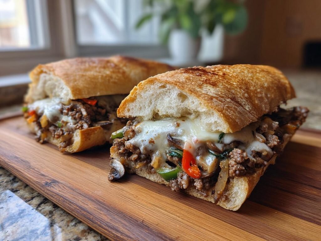 Two Keto Philly Cheesesteak Brötchen sandwiches on a wooden board, filled with meat, peppers, onions, and melted cheese.