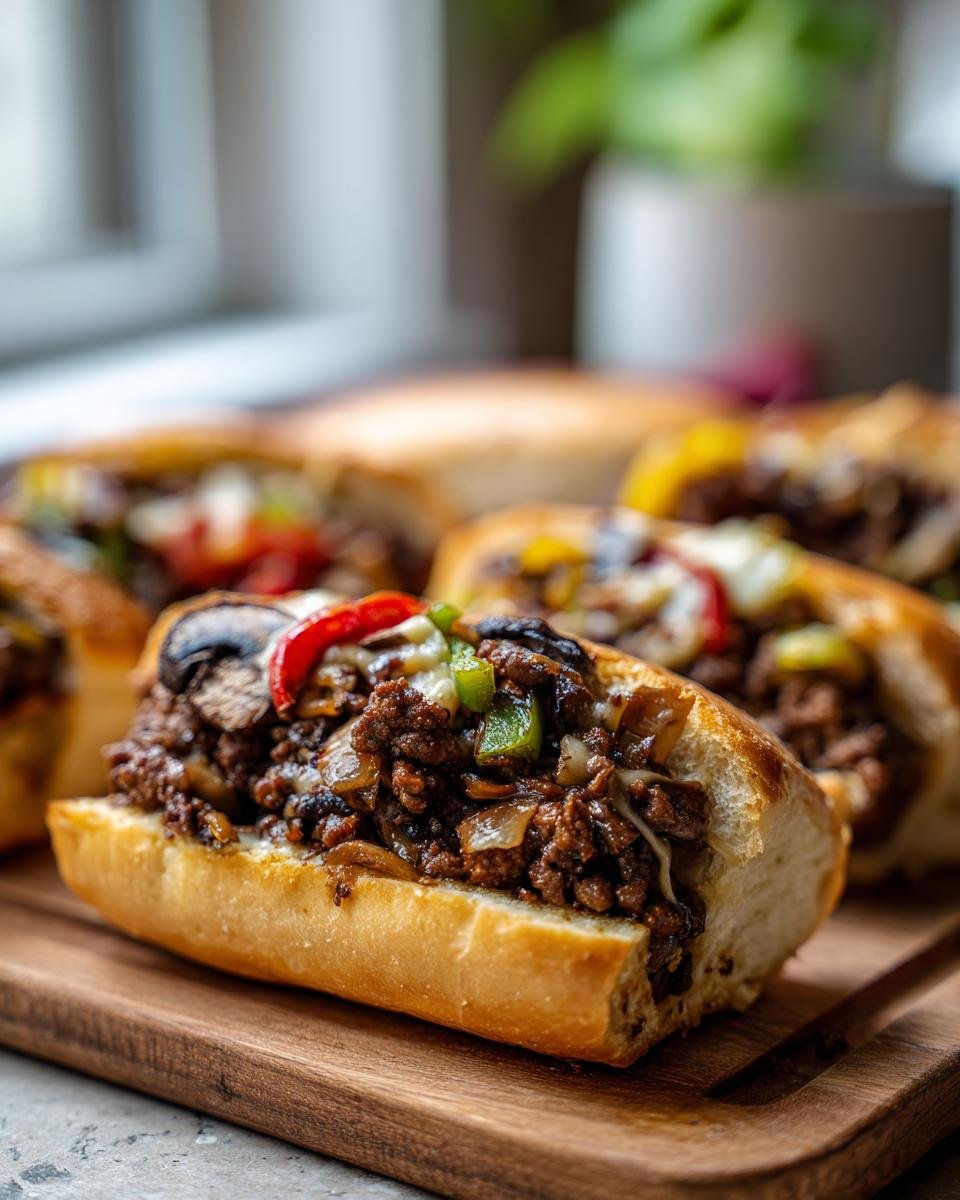 Close-up of Keto Philly Cheesesteak Brötchen, a delicious low-carb recipe with peppers and mushrooms.