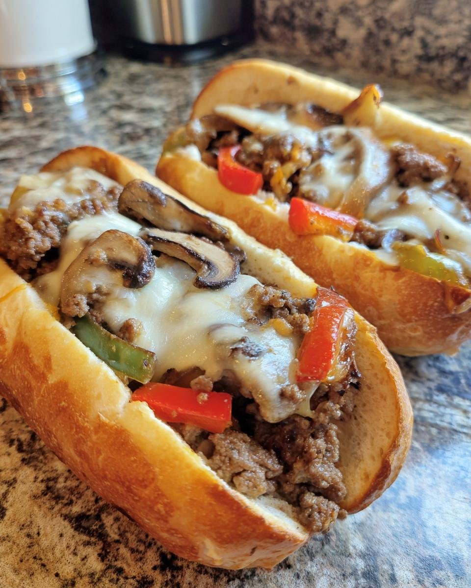 Two Keto Philly Cheesesteak Brötchen, filled with meat, peppers, mushrooms, and melted cheese.
