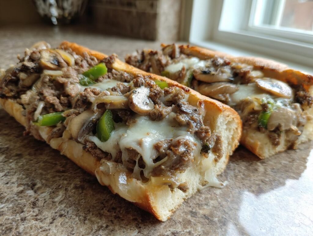 Two Keto Philly Cheesesteak Brötchen filled with meat, cheese, mushrooms, and peppers.