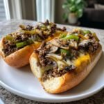 Two Keto Philly Cheesesteak Brötchen on a white plate, filled with meat, peppers, and cheese.