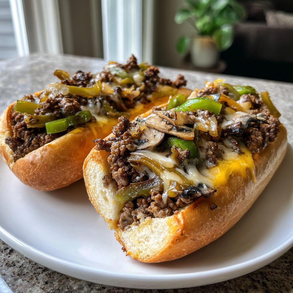Two Keto Philly Cheesesteak Brötchen on a white plate, filled with meat, peppers, and cheese.