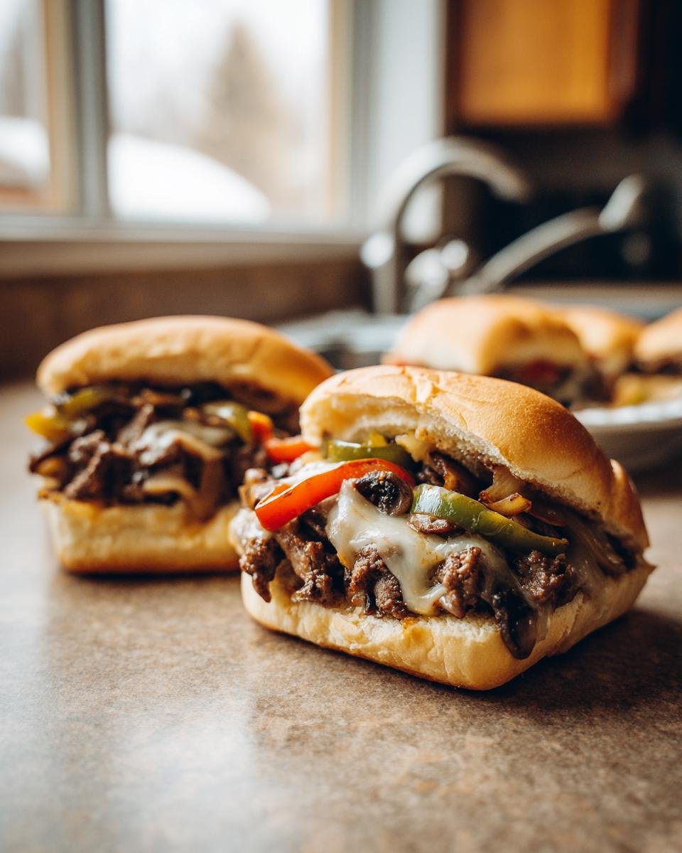 Close-up of Keto Philly Cheesesteak Brötchen with melted cheese, peppers, and meat filling.