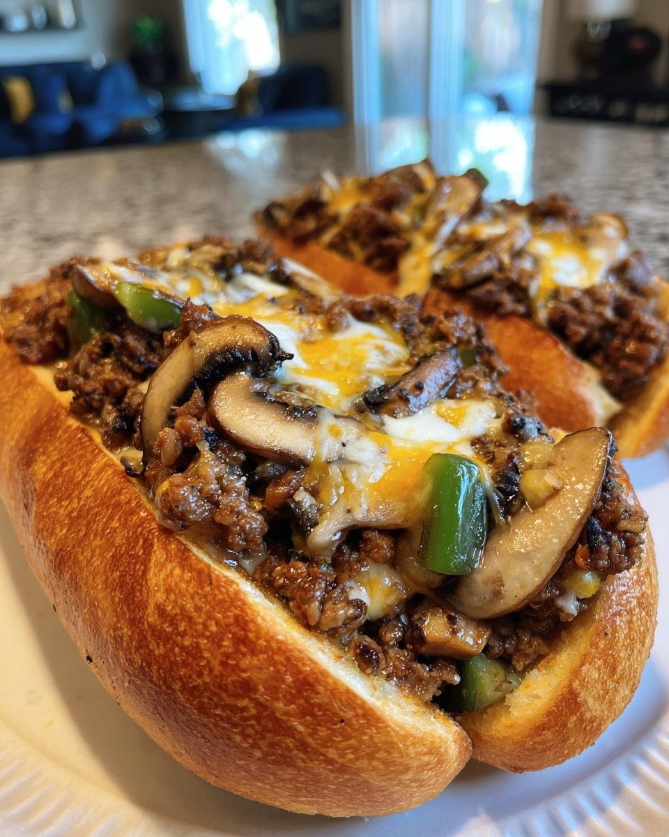 Close-up of Keto Philly Cheesesteak Brötchen topped with mushrooms, peppers, and melted cheese.