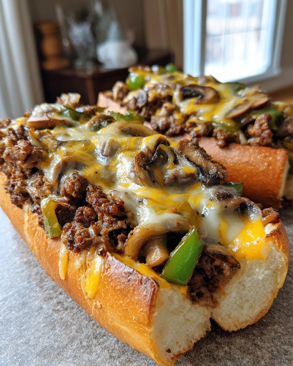Two Keto Philly Cheesesteak Brötchen topped with melted cheese, mushrooms, and green peppers.