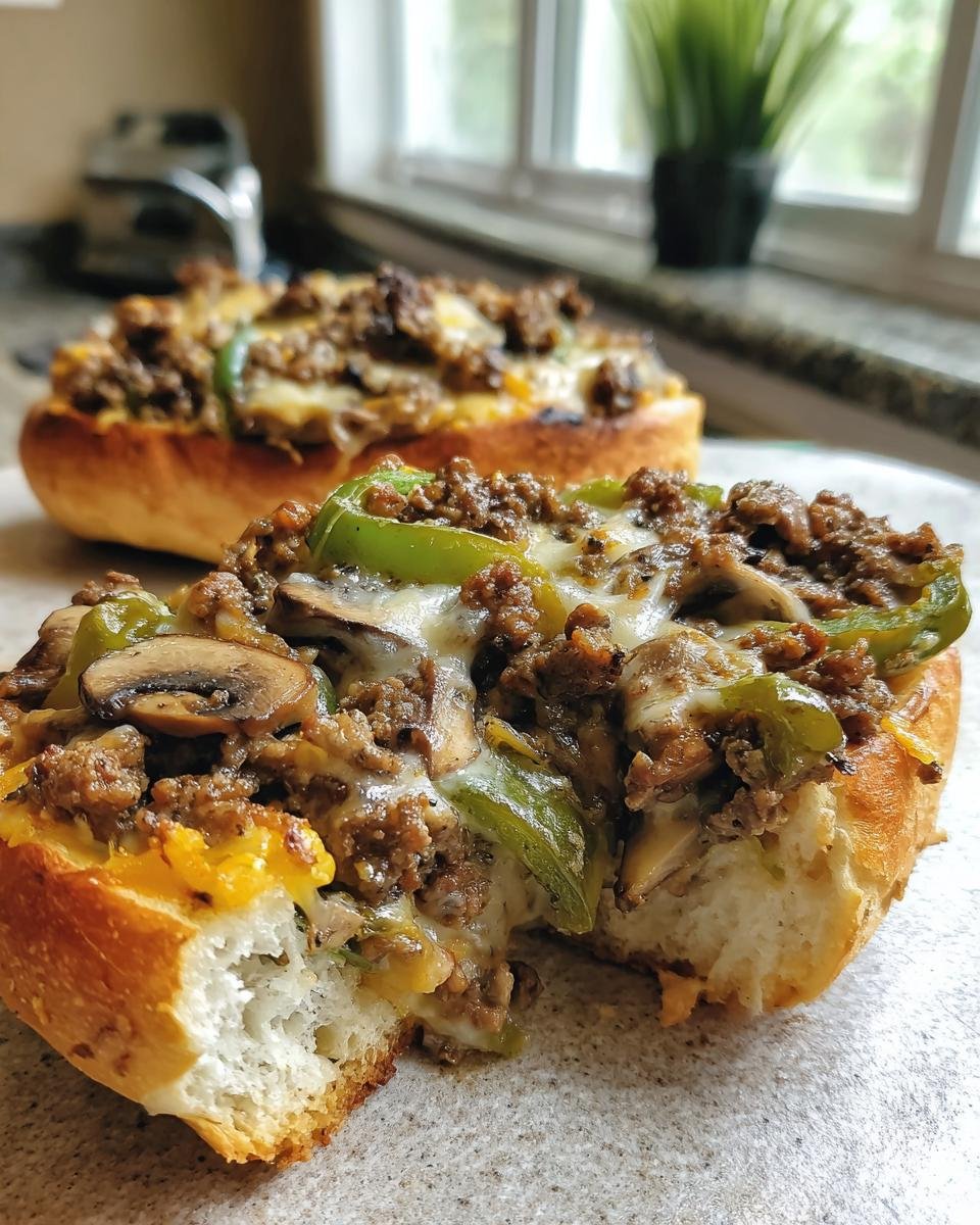 Two Keto Philly Cheesesteak Brötchen topped with beef, peppers, mushrooms, and melted cheese.