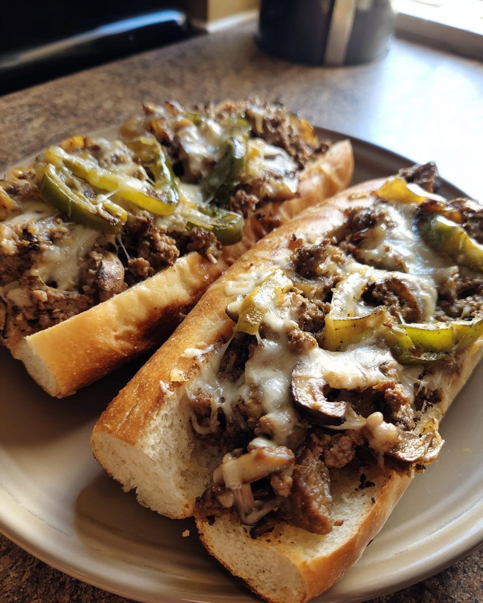 Two Keto Philly Cheesesteak Brötchen on a plate, topped with melted cheese and peppers.