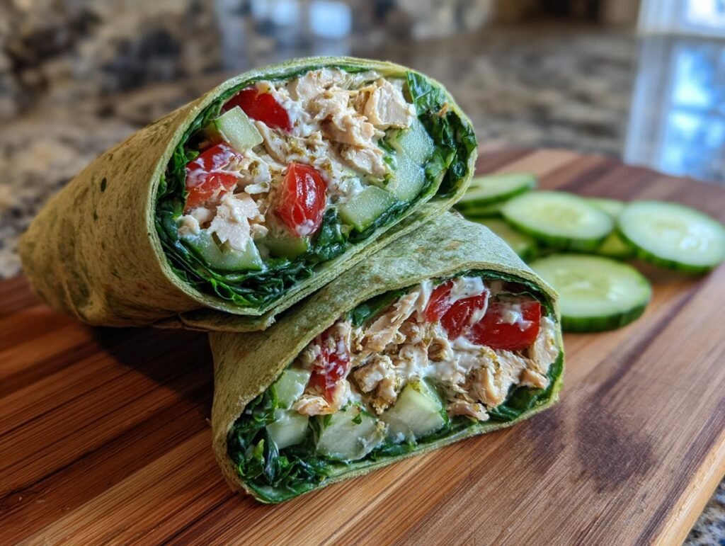 Two halves of a Keto Spinat-Wrap filled with chicken, tomatoes, cucumber, and lettuce on a wooden board.